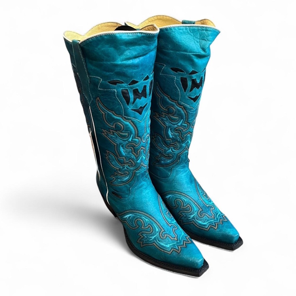 Turquoise Embroidered Heeled Boots